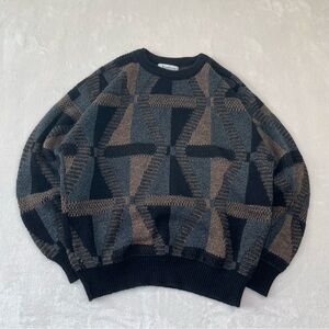 VTG Jantzen Sweater Mens Sz M Blue Brown Geometric Knit Pullover Grandpa USA